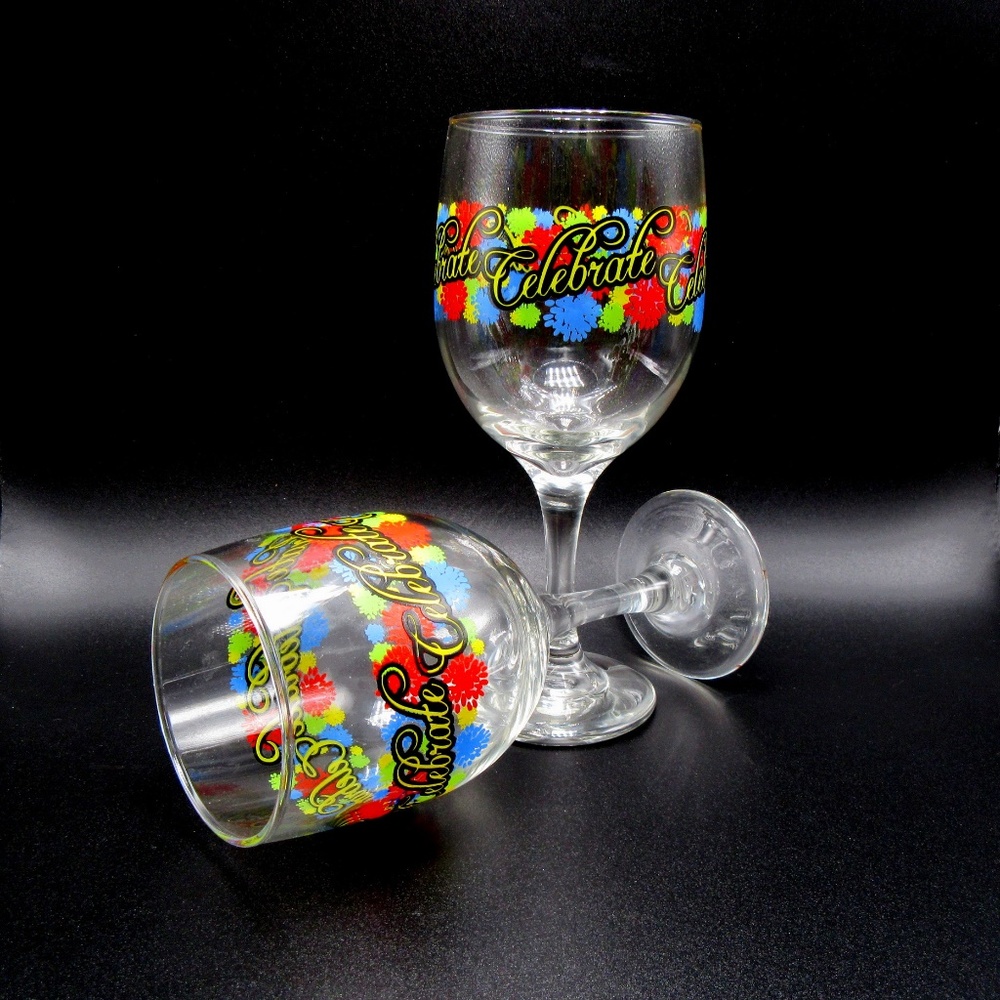 CELEBRATE wine glasses bright graphics 10 ounces - Birthday, Anniversary or ??